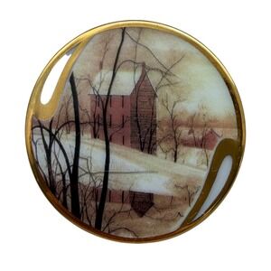 P Buckley Moss Golden Winter 1995 Porcelain Brooch Pendant Anna Perenna Art 2"